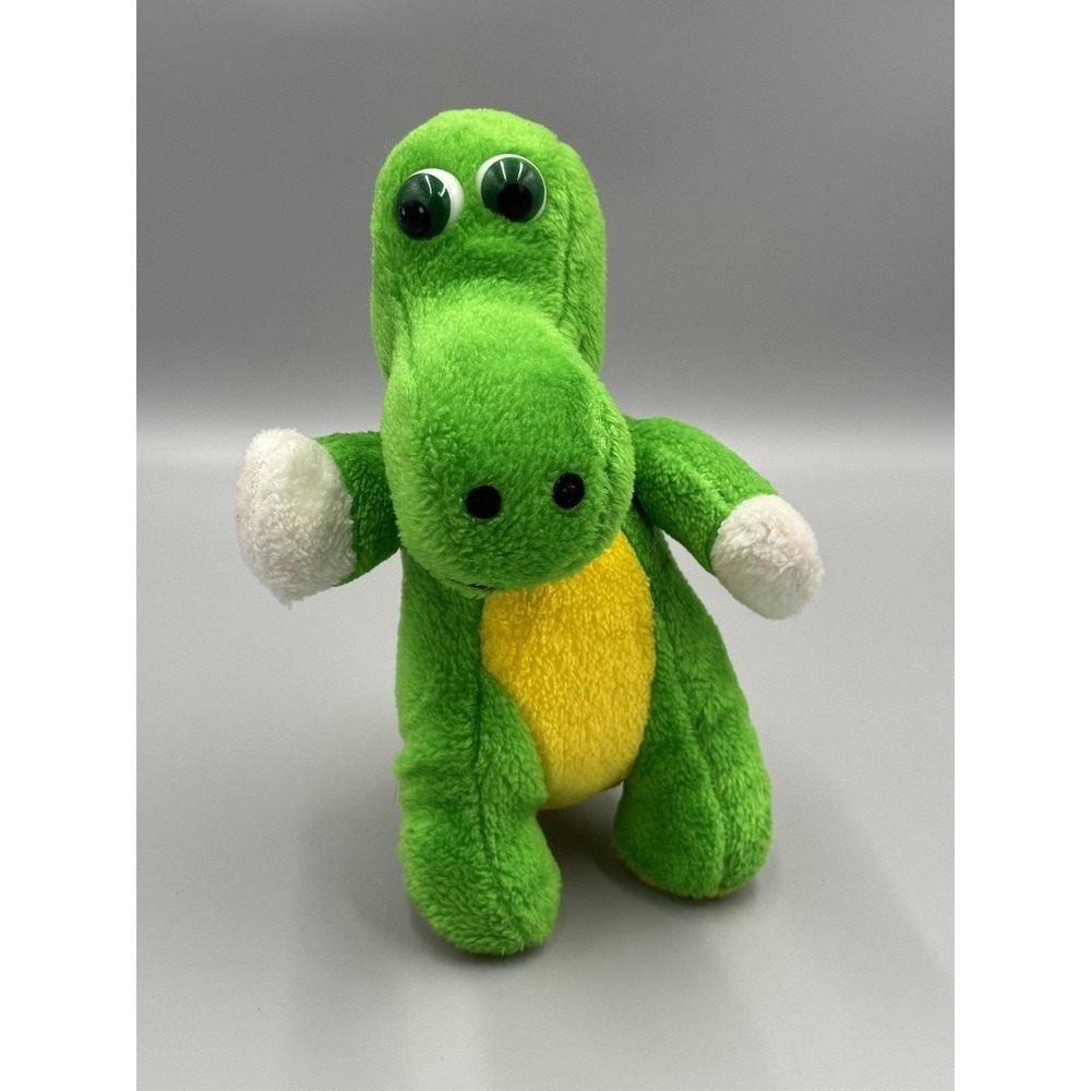 Vintage BJ Toy Co. Dinosaur Plush Green Yellow 10 Inch Stuffed Animal